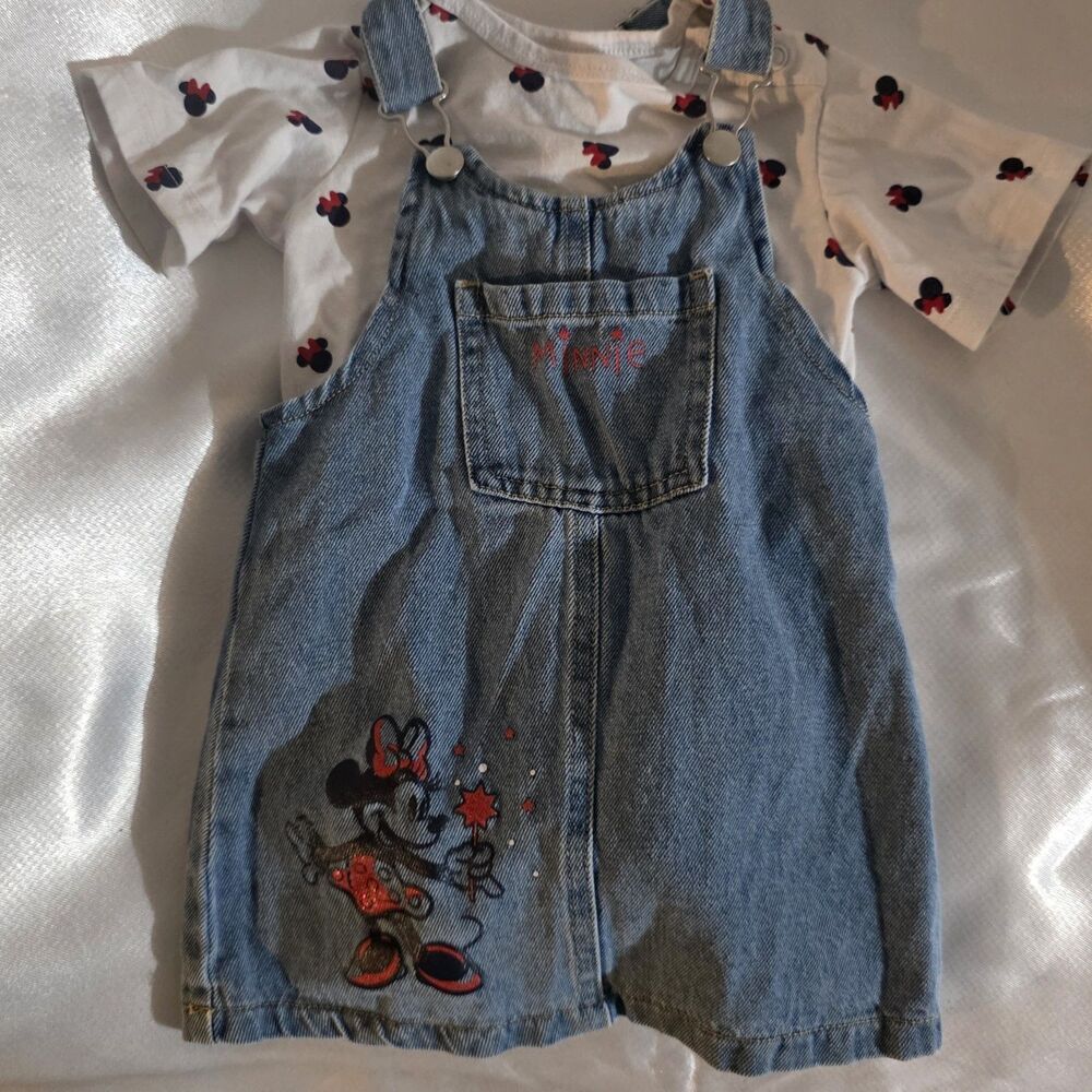 Disney Baby Minnie Mouse Overall Denim Dress And Bodysuit Outfit Size 18M